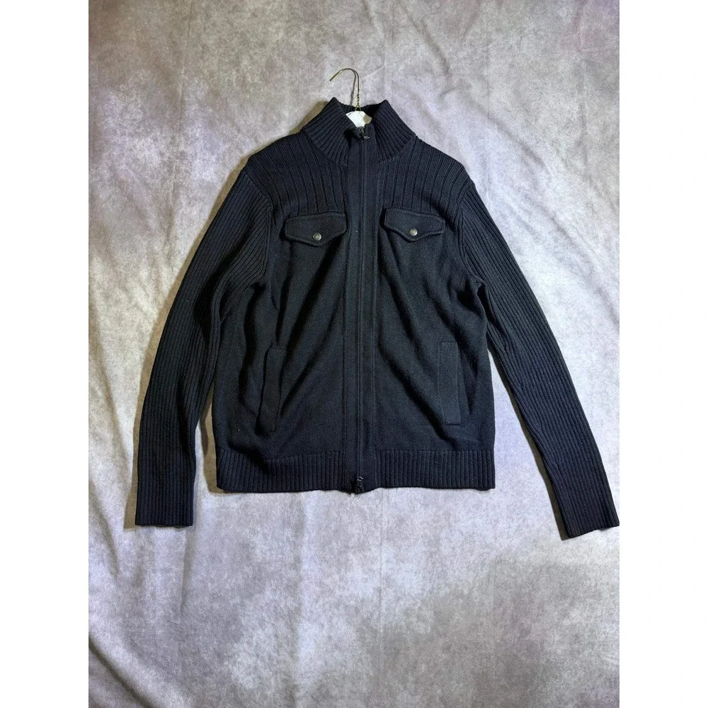 Banana Republic Mens Full Zip Cardigan Sweater Black Merino Wool Blend Size M